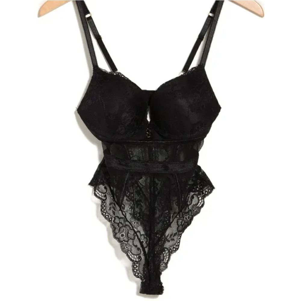RACHEL Rachel Roy Black Lace Woman's Molded cup teddy Bodysuit Size S
